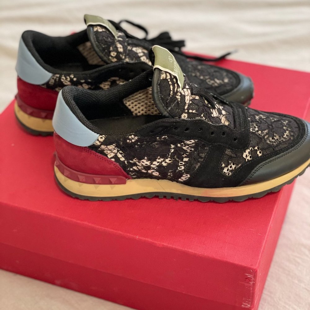 Valentino Black Rockstud Accents Lace Pattern